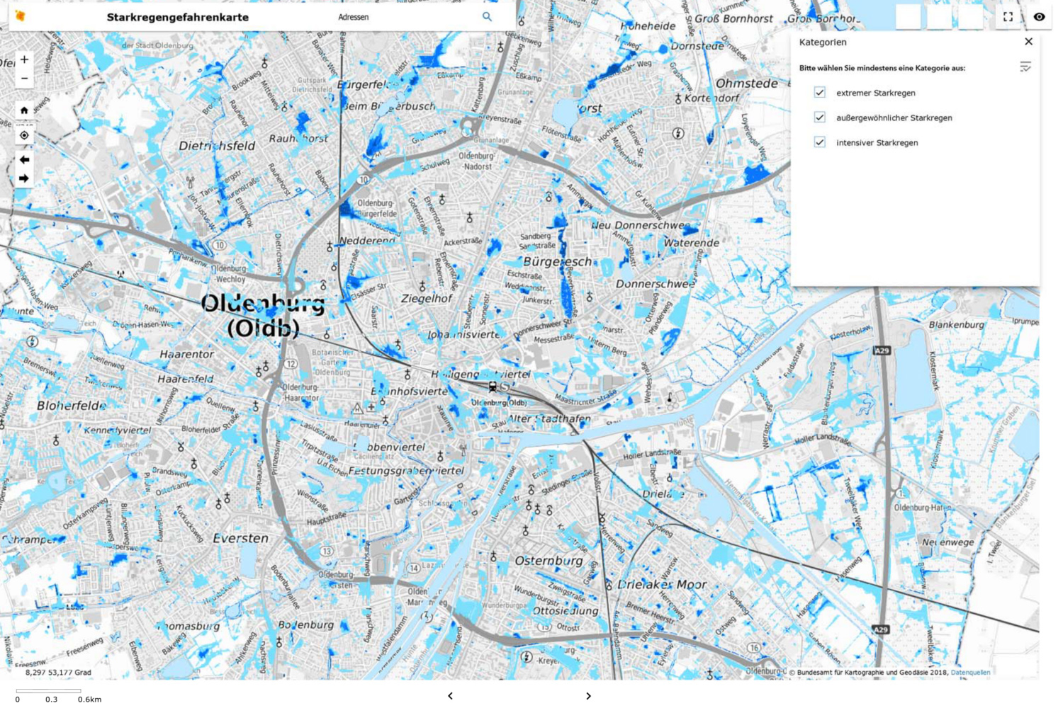 Die Starkregengefahrenkarten, erstellt durch den OOWV in Kooperation mit der Stadt Oldenburg, zeigen die Überflutungsgefahr infolge unterschiedlich intensiver Starkregenereignissen. (Karte: OOWV)