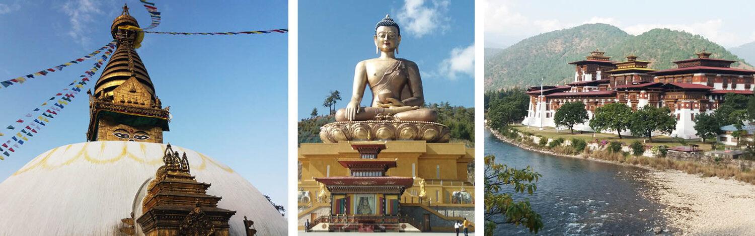 Der Stupa (bhuddistischer Kuppelbau) Boudhanath in Nepals Hauptstadt Kathmandu (links), der Große Buddha Dordenma (Mitte) nahe der bhutanesischen Hauptstadt Thimphu und der Dzong in Punakha, ein traditioneller Verwaltungssitz in Bhutan (rechts).